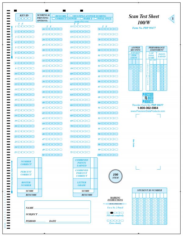 Front of the PDP 95677 multiple test sheet in light blue
