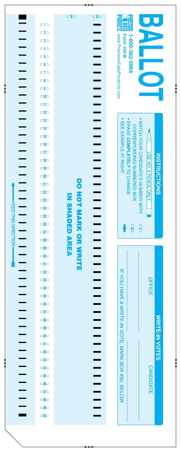 Front of the PDP 100-B ballot in light blue