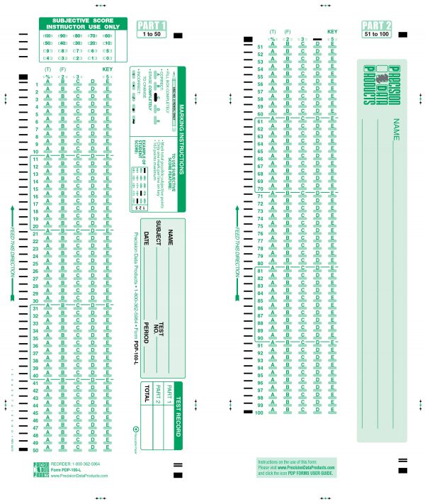 Green Scantron test form PDP 100 Low-Viz