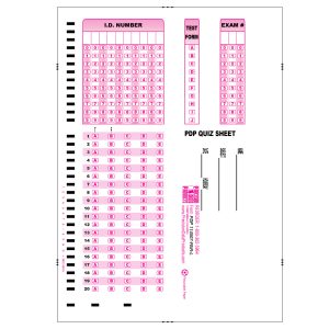 Short pink and black Scantron test sheet
