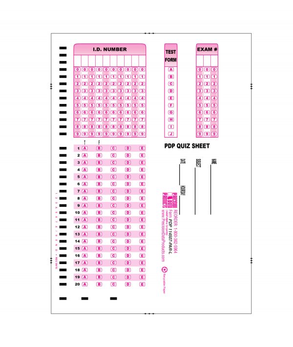 Short pink and black Scantron test sheet
