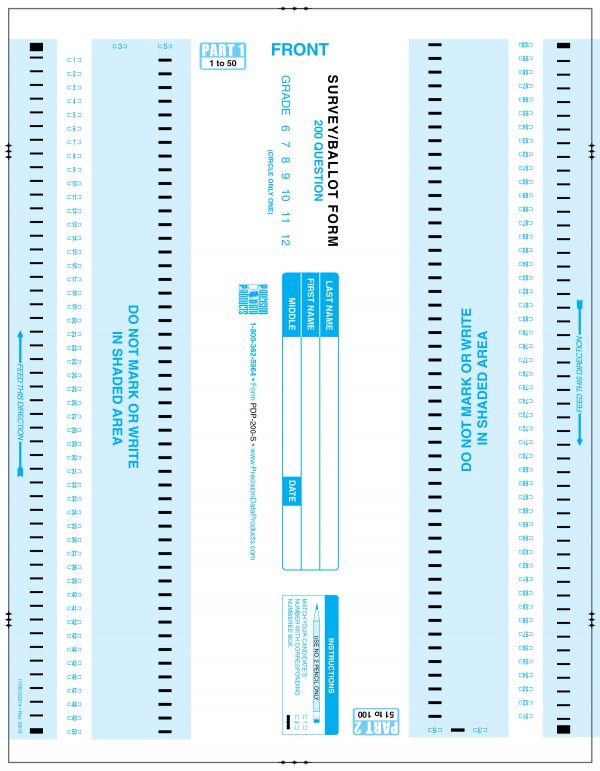 Front of the Part 1 PDP 200-S test form in light blue
