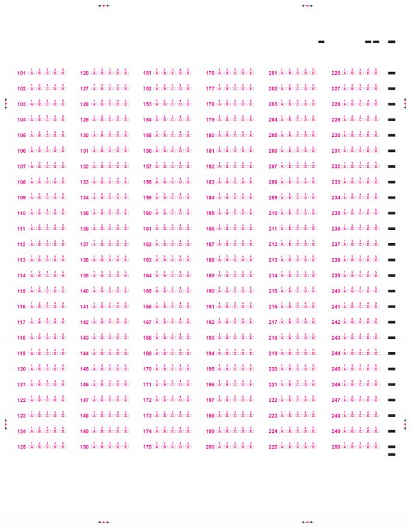 Answers 101 - 250 on a large pink scantron test form