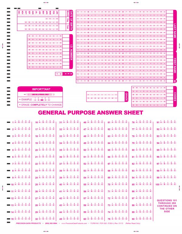Large general purpose Scantron test form in bright pink