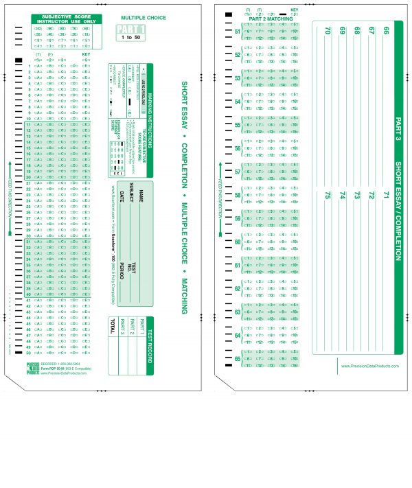 PDP 50 M green Scantron test sheet front and back