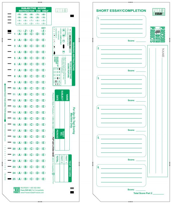 Front and back of a green Scantron and short essay section test sheet