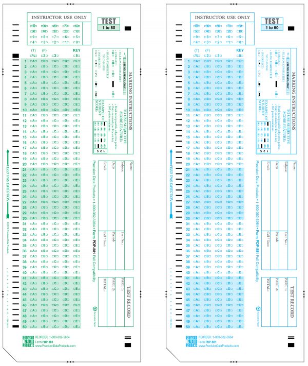 Light green and blue Scantron test sheet PDP 881