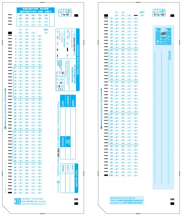 Part 1 and 2 of the light blue Scantron test sheet PDP 890