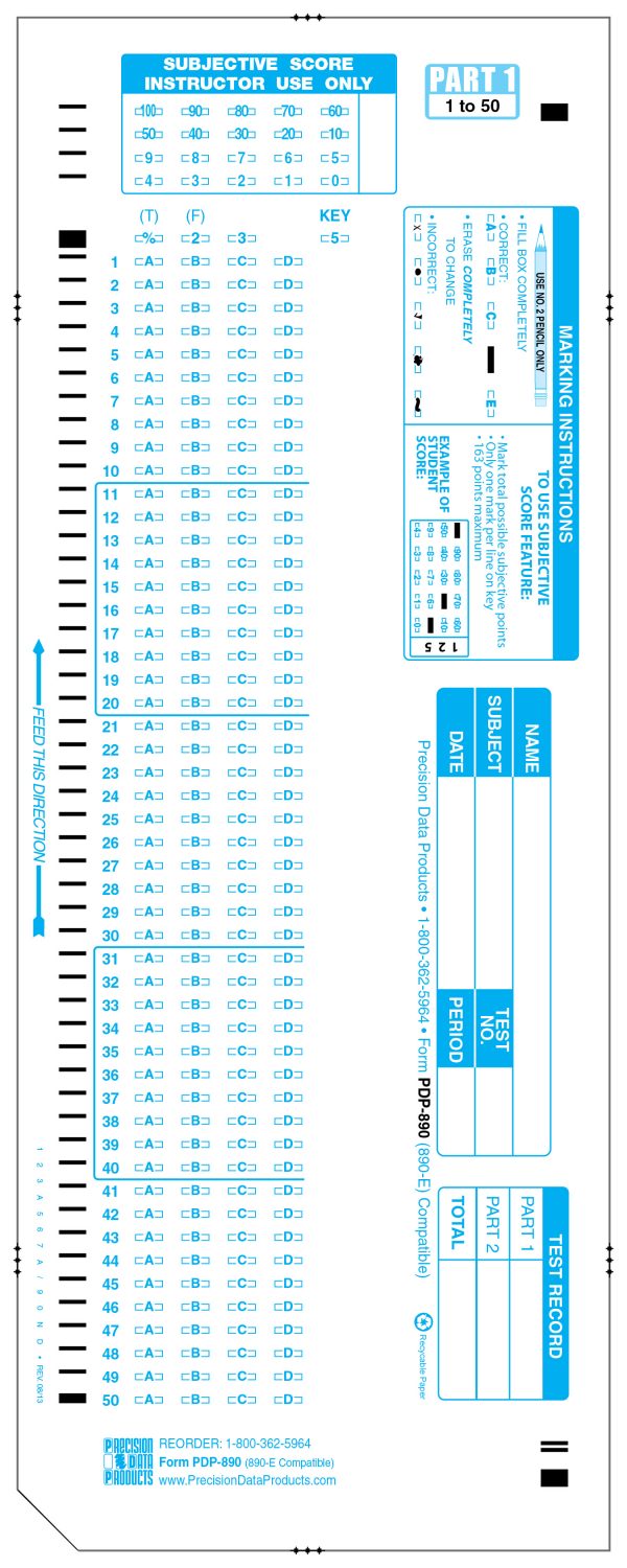 Part 1 of the PDP 890 Scantron test form in light blue