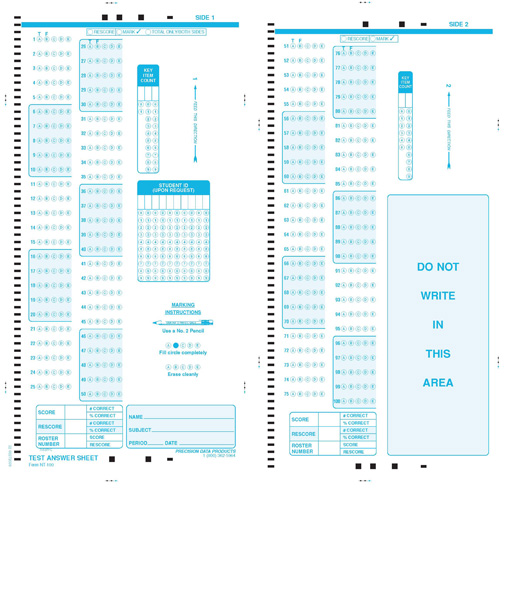 Front and back of the PDP NT-100 blue Scantron test sheet