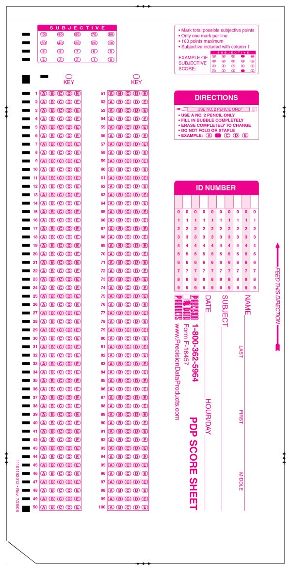 PDP 16457 pink test form with 100 answer sections