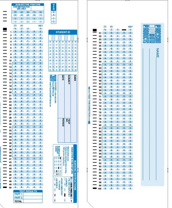Two sided Scantest SC-100 test form with blue and black ink
